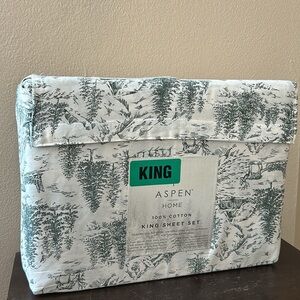 Aspen Home King Sheet set Christmas Evergreen Trees Houses New Cotton